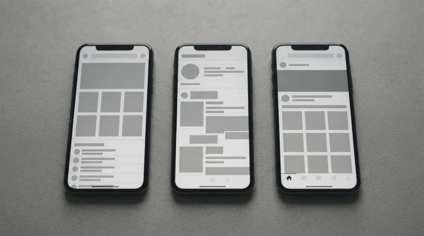 Mehrere Smartphones mit verschiedenen App-Oberflächen nebeneinander im Vergleich