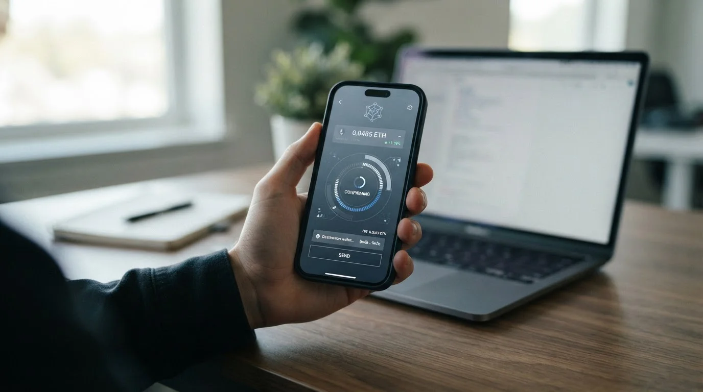 Bitcoin-Transaktion auf Smartphone mit Blockchain-Visualisierung