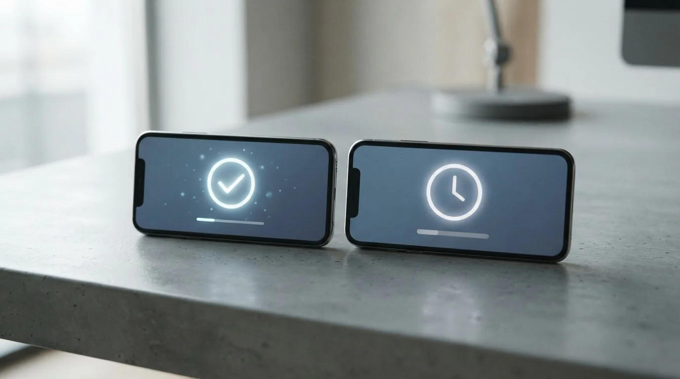 Zwei Smartphones nebeneinander zeigen Kontrast zwischen sofortiger Einzahlung und verzögerter Auszahlung