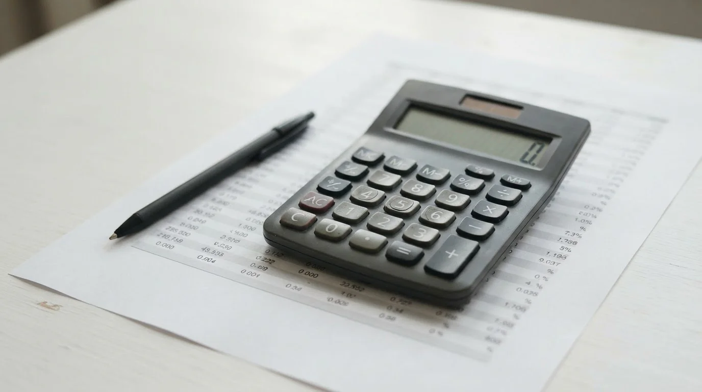 Taschenrechner und Stift auf Papier mit neutralen Zahlenreihen