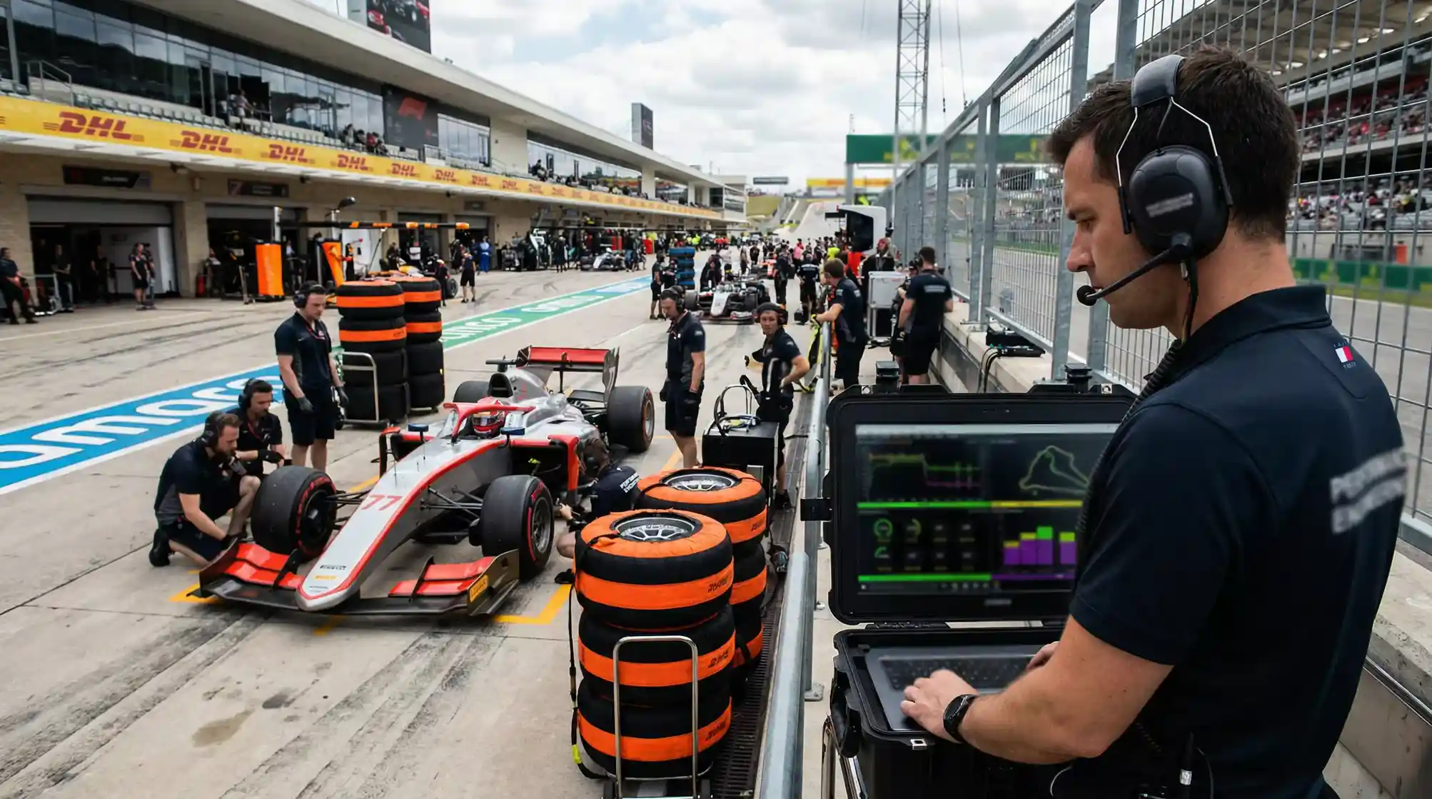 Formel-1-Boxengasse mit Datenanzeige – Echtzeitanalyse für Motorsport Wetten