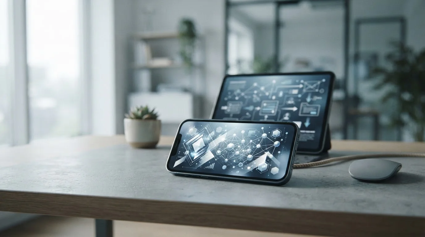 Smartphone mit abstrakten Kryptowährungs-Symbolen für schnelle Transaktionen