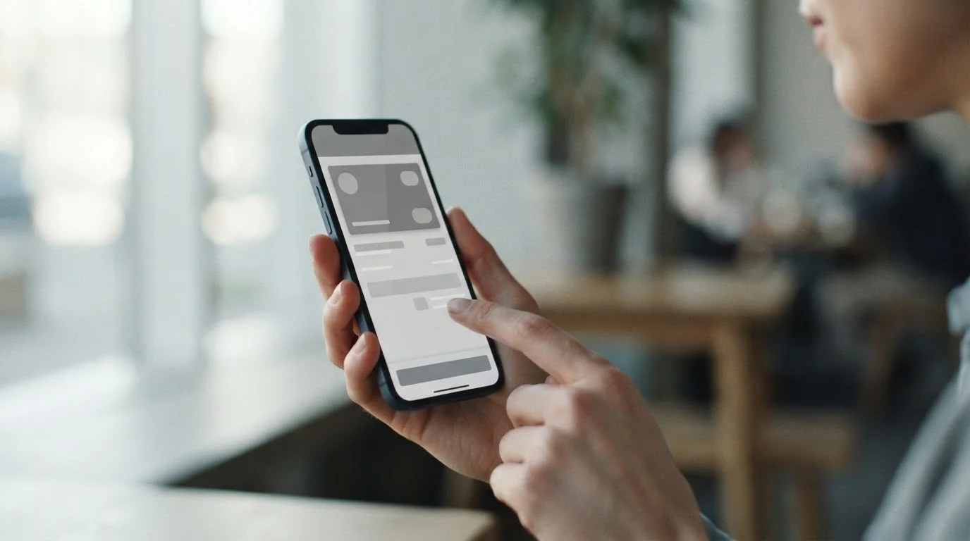Hand hält Smartphone während eines anonymisierten Zahlungsvorgangs