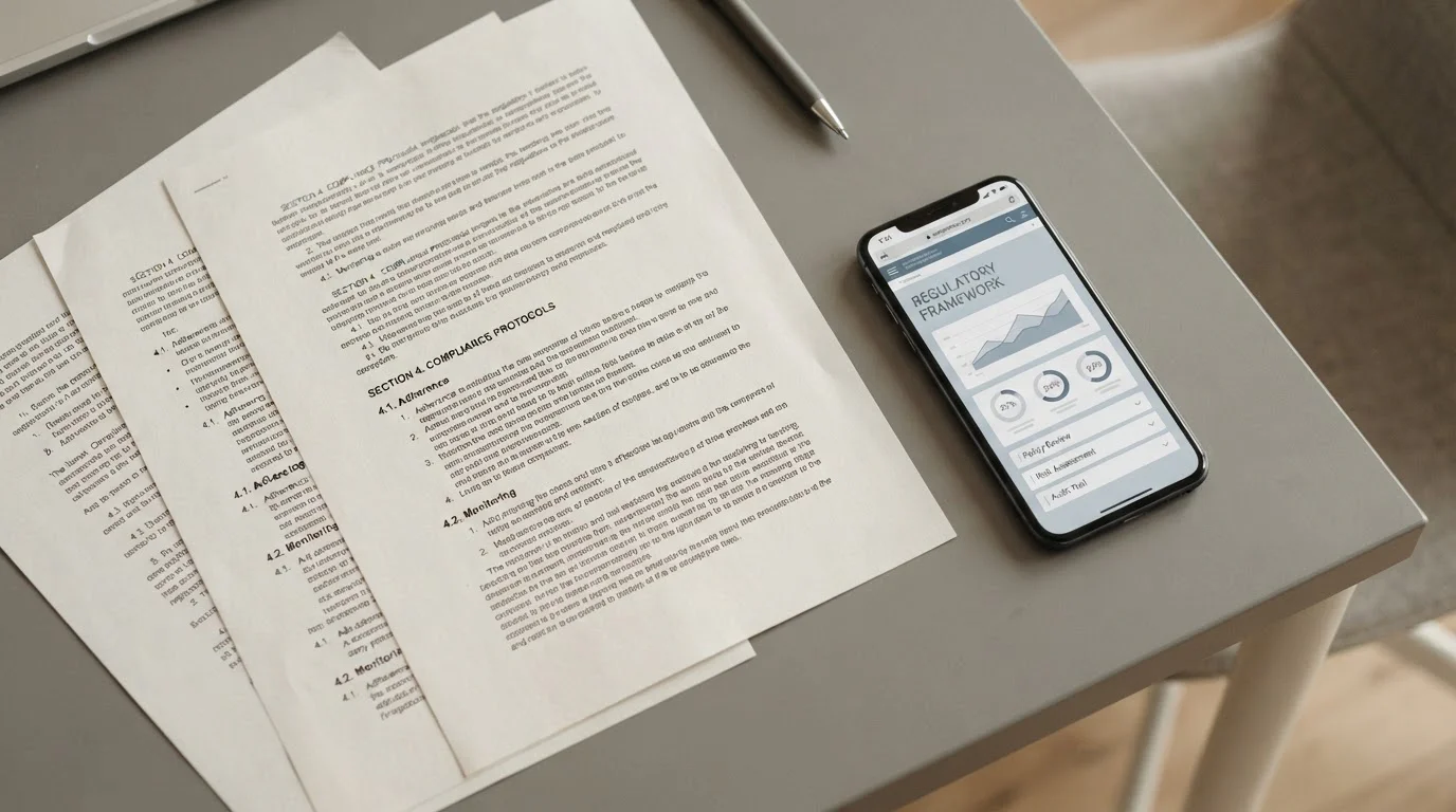Gesetzestext und Smartphone symbolisieren den regulatorischen Rahmen für mobile Wetten