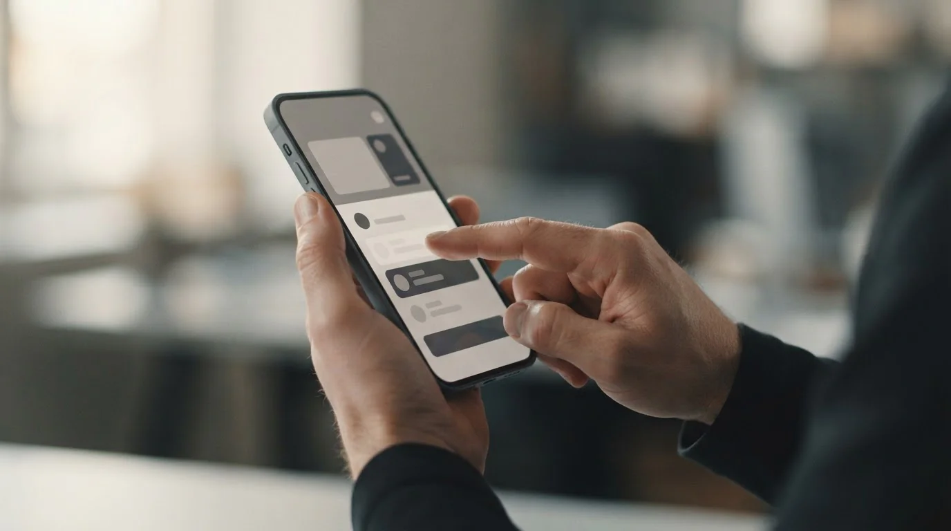 Hand tippt Zahlung auf Smartphone mit neutraler Payment-Oberfläche ein