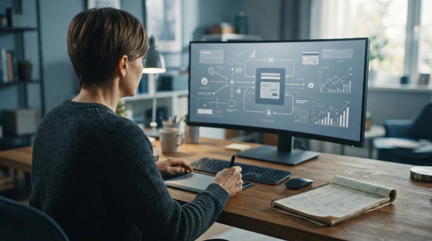 Person an Schreibtisch prüft Zahlungsdetails auf Computerbildschirm