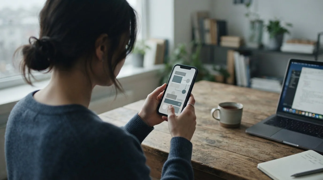 Hände bedienen Smartphone mit abstraktem Interface für Krypto-Transaktion