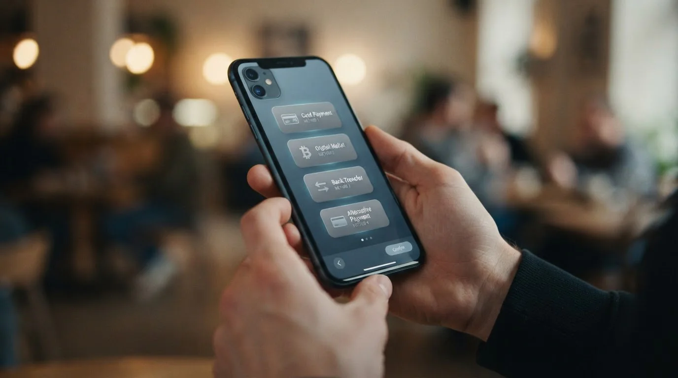 Smartphone zeigt Zahlungsoptionen auf neutralem Interface