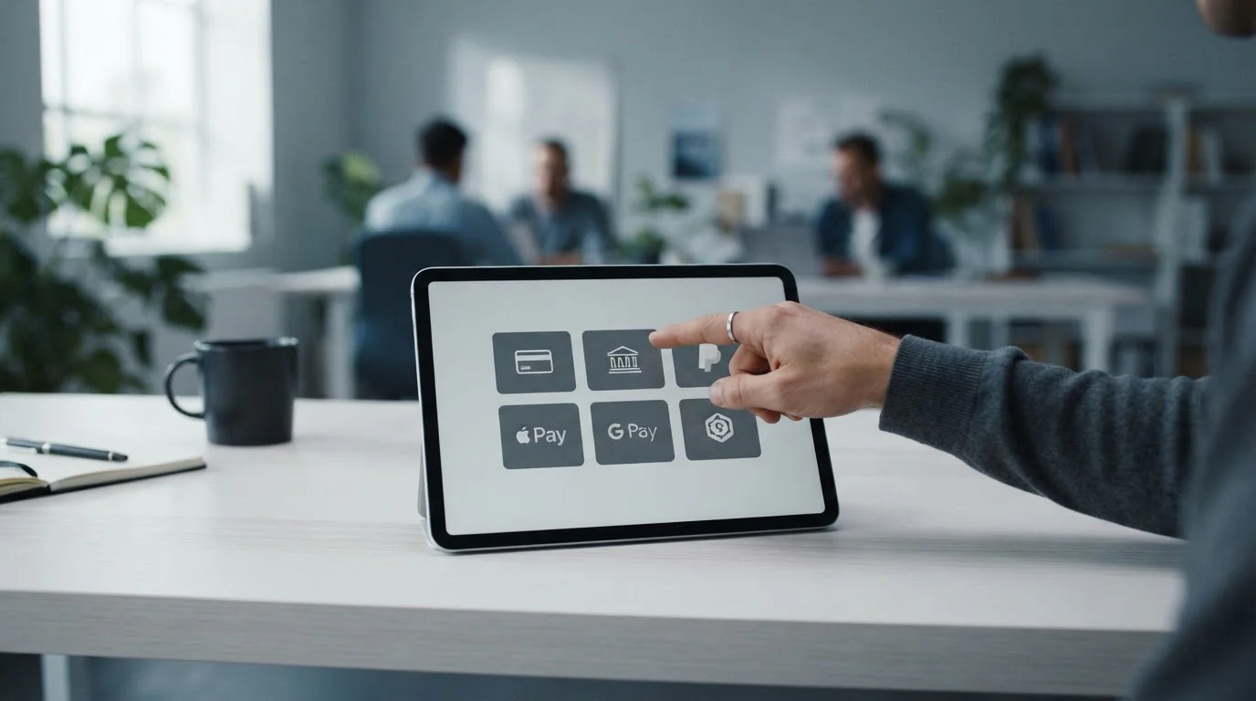Auswahl verschiedener digitaler Zahlungsmethoden auf einem Tablet-Bildschirm