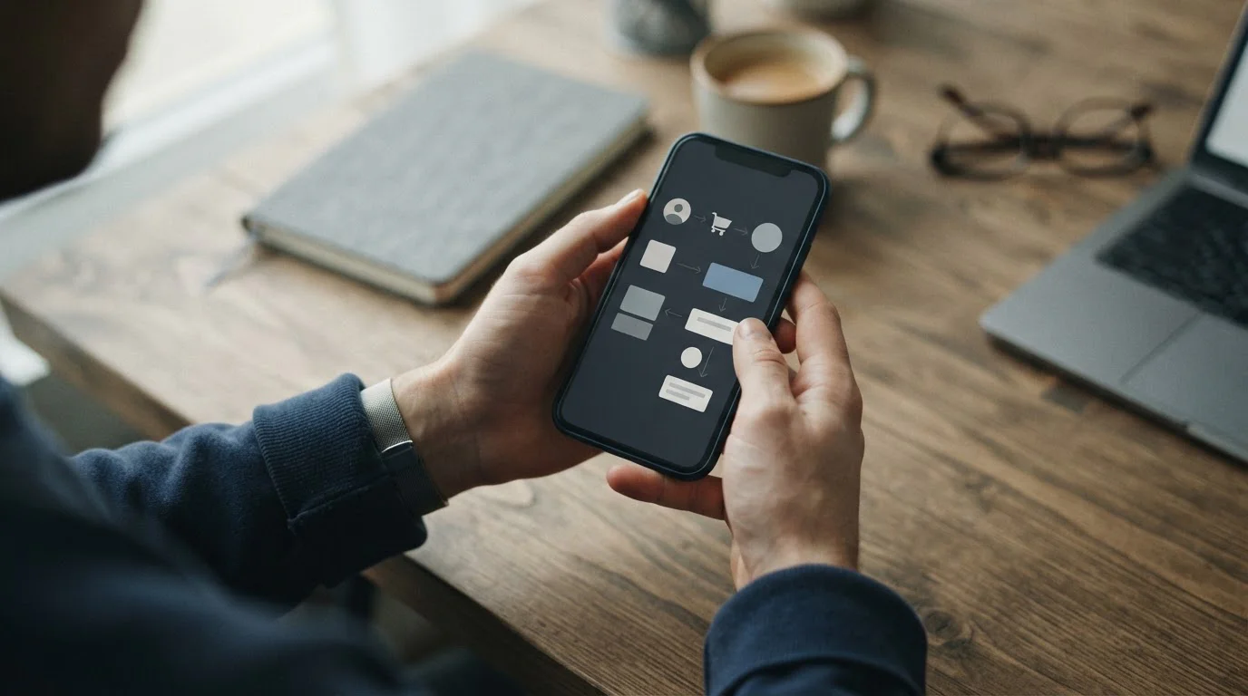 Hände über Smartphone bei abstrakter Darstellung eines Zahlungsvorgangs